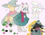  2boys amamoma anger_vein animal_ears blonde_hair cape clothing_cutout commentary deltarune digitigrade flowery_(deltarune) furry furry_male glasses goat_boy goat_ears green-framed_eyewear green_hat hat heart_cutout highres holding holding_unworn_cape holding_unworn_clothes horns long_sleeves multiple_boys omega_flowery pink_horns pink_scarf puffy_long_sleeves puffy_sleeves ralsei ralsei_(hat) scarf untranslatable_commentary unworn_cape utdr_(toby_fox) 