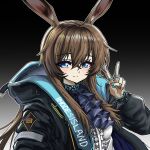  1girl amiya_(arknights) animal_ears arknights ascot black_background black_jacket blue_collar blue_eyes blush brown_hair center_frills chinese_commentary closed_mouth collar commentary feizao_pao fingernails frills gradient_background grey_background hair_between_eyes hand_up highres hood hood_down hooded_jacket jacket jewelry light_smile long_hair long_sleeves looking_at_viewer multiple_rings outline purple_ascot ring solo split_mouth upper_body v white_outline 