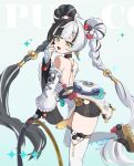  1girl backless_dress backless_outfit bare_shoulders black_hair black_shoes braid braided_twintails chakram commentary_request detached_sleeves dialyn_(zenless_zone_zero) double_bun dress earrings from_side green_background hair_bun hair_extensions hair_ornament hairclip hand_up highres holding holding_weapon jewelry leg_up long_hair looking_at_viewer multicolored_hair open_mouth panda_hair_ornament ring_hair_extensions shoes solo sparkle split-color_hair standing standing_on_one_leg thighhighs uixy weapon white_dress white_hair white_thighhighs yellow_eyes zenless_zone_zero 