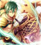  abs braid electricity fur_trim green_hair jewelry kamigami_no_asobi long_hair male_focus necklace shirtless solo thor_megingjord yellow_eyes yo_atm 