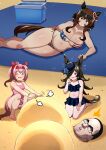  1boy 3girls ^^^ absurdres american_flag american_flag_bikini american_flag_print animal_ears aramori_susumu bare_shoulders beach bikini black_hair blue_bikini blue_flower blue_rose breasts buried buried_in_sculpted_sand collarbone commentary_request cooler curvy ear_covers eyewear_on_head flag_print flag_print_bikini flat_chest flower forehead frilled_bikini frills full_body gentildonna_(umamusume) gigantic_breasts hair_between_eyes hair_over_one_eye haru_urara_(umamusume) hat highres horse_ears horse_girl horse_tail large_breasts long_hair looking_at_another lying metal_gear_(series) metal_gear_rising:_revengeance mini_hat motion_lines multiple_girls on_side one-piece_swimsuit one_eye_closed outdoors parted_lips pink_hair pink_one-piece_swimsuit plump print_bikini rice_shower_(umamusume) rose sand seiza sitting smile squatting steven_armstrong sunglasses sweatdrop swimsuit tail tilted_headwear umamusume 