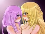  2girls asymmetrical_docking between_breasts blonde_hair blue_eyes blush breast_press breasts choujigen_game_neptune cleavage corruption groping hair_ornament long_hair looking_at_another medium_breasts multiple_girls nepgear neptune_(series) nude open_mouth outdoors pink_hair purple_eyes purple_hair saliva saliva_trail sweat tied_hair tongue tongue_out upper_body vert yuri 