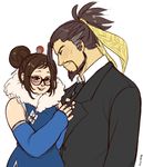  1girl adjusting_clothes beard black-framed_eyewear black_hair blue_dress blush brown_eyes brown_hair china_dress chinese_clothes commentary detached_sleeves dress dressing_another facial_hair formal glasses hair_bun hair_ornament hair_ribbon hair_stick hanzo_(overwatch) height_difference hetero kathleen_lim mei_(overwatch) overwatch ribbon short_hair sideburns smile suit tan topknot 