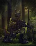  3_toes anthro armor blue_eyes clothed clothing crouching day detailed_background dragon forest gun holding_object holding_weapon koul male outside ranged_weapon solo toes tree weapon 