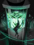  1boy birthmark commentary dio_brando ear_birthmark earrings evil_grin evil_smile gakuran green_lips grin headband highres in_container jewelry jojo_no_kimyou_na_bouken kakyoin_noriaki lipstick long_coat looking_at_viewer makeup male_focus red_eyes school_uniform smile solo stand_(jojo) stardust_crusaders tube vampire z6hgl_krg 