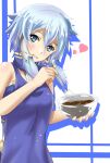  1girl adapted_costume alternate_breast_size_(larger) apron armor bare_arms bare_shoulders blue_apron blue_armor blue_background blue_eyes blue_hair blue_skirt breastplate breasts chocolate_making commentary_request double-parted_bangs drop_shadow hair_between_eyes hair_tubes heart highres holding holding_mixing_bowl holding_whisk medium_breasts medium_hair messy_hair parted_lips raipen sinon sinon_(solus) skirt smile solo sword_art_online sword_art_online:_alicization sword_art_online:_alicization_-_war_of_underworld upper_body valentine whisk white_background 