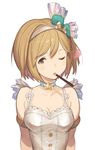  alternate_costume armlet breasts brown_eyes brown_hair choker cleavage commentary_request djeeta_(granblue_fantasy) food granblue_fantasy hair_ornament hanarito heart looking_at_viewer medium_breasts mouth_hold one_eye_closed pocky short_hair simple_background smile solo superstar_(granblue_fantasy) upper_body white_background 