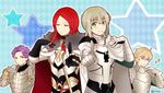  2girls airgetlam_(fate) armor bedivere blonde_hair cape carnival_phantasm closed_eyes dancing fate/extra fate/grand_order fate_(series) gauntlets gawain_(fate/extra) gloves hand_on_own_chest jewelry knights_of_the_round_table_(fate) lancelot_(fate/grand_order) looking_at_viewer morii_shizuki multiple_boys multiple_girls parody pointing pointing_at_viewer purple_hair red_hair ring sparkle super_affection tristan_(fate/grand_order) 