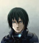  1boy artist_name black_hair blame! blue_eyes cable commentary_request cyberpunk expressionless glowing gradient_background highres killy looking_at_viewer nishimura_(prism_engine) portrait scar scar_on_face science_fiction serious signature 