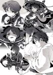  1boy alternate_costume armor blunt_ends clenched_hand closed_mouth commentary_request covered_collarbone crossed_arms crying crying_with_eyes_open dirty dirty_arm dirty_face dirty_leg eyeliner fingernails furisode genshin_impact gnosis_(genshin_impact) greyscale hand_on_own_thigh hand_up hands_on_own_arms hat japanese_armor japanese_clothes jewelry jingasa kimono kote kusazuri layered_sleeves long_sleeves looking_at_viewer looking_to_the_side makeup male_focus mitsudomoe_(shape) monochrome multiple_views neck_ring o-ring open_mouth oriiiiiiiiiiii rope sandals sash scaramouche_(genshin_impact) scaramouche_(harbinger)_(genshin_impact) shaded_face shimenawa short_sleeves shorts sideways_mouth silhouette single_bare_shoulder single_off_shoulder single_sode squatting tassel tears teeth toenails toes tomoe_(symbol) tongue torn_clothes torn_shorts tsurime upper_teeth_only veil wispy_bangs wolf_cut zouri 