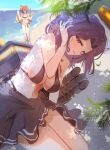  2girls beach black_bike_shorts black_sarong blue_sky breasts chidori_nekoro commentary_request curtained_hair day halo highres horizon kantai_collection leaning_forward mechanical_halo multiple_girls ocean outdoors purple_hair red_eyes rigging sarong short_hair sitting sky smile solo_focus tatsuta_(kancolle) tatsuta_(swimsuit)_(kancolle) tenryuu_(kancolle) tenryuu_(swimsuit)_(kancolle) torpedo_launcher 