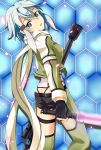  1girl alternate_breast_size_(larger) anti-materiel_rifle armor black_shoes black_trim blue_background blue_eyes blue_hair bolt_action breasts butt_crack commentary_request cowboy_shot cropped_jacket detached_pants double-parted_bangs energy_sword from_behind green_armor green_jacket green_pants gun hair_between_eyes hair_ornament hairclip highleg highleg_leotard honeycomb_(pattern) honeycomb_background jacket knee_up leotard light_particles looking_at_viewer looking_back medium_breasts medium_hair messy_hair multicolored_jacket open_clothes open_jacket pants parallel_hairclips parted_lips pgm_hecate_ii raipen rifle scarf shoes short_shorts shorts sidelocks sinon skindentation sniper_rifle solo sword sword_art_online tassets thigh_strap two-tone_jacket weapon white_background white_jacket white_leotard white_scarf 