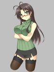  antenna_hair black_skirt breasts brown_hair contrapposto cropped_legs crossed_arms earrings garter_straps glasses green_eyes grey_background hasegawa_chisato head_tilt highres jewelry large_breasts long_hair miniskirt mole mole_under_eye nagamon pale_skin ribbed_sweater shinmai_maou_no_testament simple_background skirt sleeveless sleeveless_turtleneck smile solo standing sweater thighhighs turtleneck zettai_ryouiki 