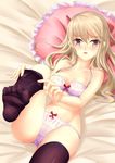  ahsiu bad_id bad_pixiv_id bed black_legwear bra breasts brown_eyes cleavage collarbone eyebrows eyebrows_visible_through_hair feet frilled_pillow frills from_above highres hikaru_ga_chikyuu_ni_itakoro light_brown_hair long_hair looking_at_viewer lying medium_breasts no_shoes on_back panties pillow pink_bra pink_panties shikibu_honoka solo thighhighs underwear underwear_only 