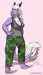  2016 anthro breasts clevage clothed clothing dragon eastern_dragon female ficus hair heart_a._chicago horn purple_skin solo sweat whiskers white_hair white_skin 