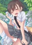  1girl :d absurdres bag black_bag blank_censor blush bottle breasts brown_eyes brown_hair censored clothes_lift commentary_request embarrassed grey_skirt hair_between_eyes half-closed_eyes heart heart_censor herukerua highres holding holding_bottle inaka-chan_(herukerua) looking_at_viewer miniskirt nature nipples no_bra open_mouth original outdoors panties panties_around_one_leg pleated_skirt polo_shirt ponytail river school_uniform shirt shirt_lift shoes short_sleeves shoulder_bag sitting skirt small_breasts smile solo spread_legs sweat underwear water white_shirt white_shoes 