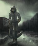  4_toes anthro barefoot black_nose clothed clothing day detailed_background feline jaguar koul male mammal outside raining solo standing toes whiskers 