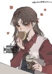  1girl blush brown_eyes brown_hair collared_shirt commentary cup disposable_coffee_cup disposable_cup dissidia_duellum_final_fantasy dissidia_final_fantasy eating final_fantasy final_fantasy_xi hair_ribbon holding holding_cup iroha_(chic_waistcoat)_(ff11) iroha_(ff11) mckrs official_alternate_costume parted_bangs pink_ribbon red_shirt ribbon shirt smile solo twitter_username untranslatable_commentary veil vest waistcoat white_background white_veil 