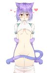  :3 animal_ears blush breasts cat_ears covering covering_crotch fusion groin hair_between_eyes heart highres kantai_collection looking_at_viewer monster_girl monster_girl_encyclopedia monsterification mouth_hold navel paundo2 paws purple_hair shirt_lift short_hair simple_background skirt skirt_pull small_breasts solo stomach tail_censor tama_(kantai_collection) underboob werecat white_background 