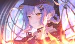  1girl artist_name black_capelet black_hat blue_hair bound bow braid braided_hair_rings burning canon_event capelet collared_shirt commentary_request crying crying_with_eyes_open dust execution fire hair_bow hair_rings hat hat_bow kotetsu_080 mahou_shoujo_no_majo_saiban portrait shirt short_hair signature smile solo spoilers stained_glass stake tachibana_sherry tears teeth tied_up_(nonsexual) yellow_eyes 