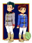  2boys amuro_ray arms_at_sides belt blue_jacket blush boots border bright_noa brown_hair chibi chibi_only commentary_request full_body grey_jacket gundam haro highres jacket long_sleeves male_focus military_uniform mobile_suit_gundam multiple_boys pants robot rugiusu007 short_hair standing white_border white_pants 