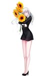  absurdres black_dress closed_eyes dress early_type flower full_body highres holding long_hair original silver_hair simple_background solo sunflower white_background 