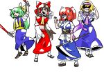 4girls absurdres alice_margatroid ascot black_eyes blonde_hair blue_dress blue_kimono bois_de_justice bow brown_shoes capelet closed_eyes commentary_request cookie_(touhou) daiyousei detached_sleeves dies_irae diyusi_(cookie) dress extreme_tuna_can_non_oil full_body green_hair hair_bobbles hair_bow hair_ornament hakurei_reimu high-visibility_clothing high-visibility_vest highres hinase_(cookie) holding holding_scythe japanese_clothes kimono long_hair looking_at_another middle_finger midriff multiple_girls navel noel_(cookie) onozuka_komachi open_mouth pink_ascot red_bow red_eyes red_hair scythe shinza_bansho_series shishou_(cookie) shoes short_hair simple_background sitting smile socks touhou traffic_baton white_background white_capelet white_sleeves white_socks yellow_ascot yellow_bow 