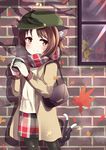  animal_ears autumn autumn_leaves bag black_legwear brown_hair casual cat_ears cat_tail chen contemporary earrings hat highres jewelry looking_to_the_side multiple_tails pantyhose plaid plaid_scarf plaid_skirt red_eyes scarf short_hair skirt smile solo soramuko tail touhou window 