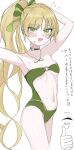  1girl alternate_costume arms_behind_head arms_up bare_shoulders black_choker blonde_hair blush breasts choker clothing_cutout commentary_request cowboy_shot cropped_legs doodle_inset flying_sweatdrops green_eyes green_one-piece_swimsuit highres jewelry long_hair looking_at_viewer mahou_shoujo_no_majo_saiban navel necklace o-ring o-ring_one-piece_swimsuit one-piece_swimsuit onihasotooooo open_mouth paint_chat_(medium) ponytail simple_background small_breasts solo stomach stomach_cutout swimsuit tono_hanna translation_request tying_hair very_long_hair white_background wing_ornament 