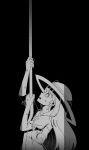  1girl black_background climbing commentary english_commentary hat highres holding holding_rope lily's_well lily_(lily's_well) long_hair looking_up monochrome pastea rope short_sleeves simple_background solo upper_body 