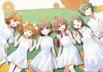  1boy 5girls :d ^_^ akiyama_hayato brown_eyes brown_hair closed_eyes collared_shirt commentary_request dress food fruit gakuen_idolmaster green_hair grin highres holding_hands honda_mio idolmaster idolmaster_(classic) idolmaster_cinderella_girls idolmaster_million_live! idolmaster_shiny_colors idolmaster_side-m interlocked_fingers komiya_kaho kuramoto_china long_hair long_sleeves looking_at_viewer lying multiple_girls nnnn on_back orange_(fruit) orange_hair orange_slice red_eyes red_hair shirt short_hair sleeveless sleeveless_dress smile takatsuki_yayoi twintails white_dress white_shirt yabuki_kana 