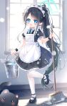  1girl :3 :d apron aris_(blue_archive) aris_(maid)_(blue_archive) black_dress black_hair black_shoes blue_archive blue_eyes blue_ribbon blush broom bucket bucket_of_water chinese_commentary commentary_request dress frilled_apron frilled_dress frills full_body green_halo halo highres holding holding_broom holding_bucket indoors long_hair looking_at_viewer maid maid_headdress mary_janes neck_ribbon open_mouth pantyhose parted_bangs ponytail rectangular_halo ribbon shimo_shiina shoes short_sleeves sidelocks smile solo standing standing_on_one_leg very_long_hair white_apron white_pantyhose window 