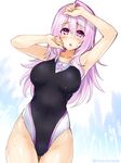  :o arm_up armpits bangs bare_arms black_swimsuit blush breasts cherry_blossoms cleavage competition_swimsuit covered_navel cowboy_shot cu-no eyebrows eyebrows_visible_through_hair floral_print hair_between_eyes hisenkaede large_breasts long_hair looking_at_viewer one-piece_swimsuit purple_eyes purple_hair shiny shiny_skin solo swimsuit thigh_gap twitter_username wet white_background yayoi_sakura 