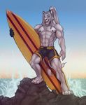  4_toes 5_fingers abs anthro black_nose blue_eyes clothed clothing day feline fur hair koul lion mammal nipples open_mouth outside sky smile solo standing surfboard toes topless white_fur white_hair 