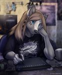  5_fingers anthro black_nose blue_eyes breasts canine clothed clothing detailed_background ear_piercing female jewelry koul mammal necklace piercing sitting solo wolf 