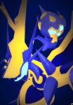  :d alternate_color blue_eyes claws commentary ewokakukaede fangs highres horns mandibles naganadel no_humans open_mouth poipole pokemon pokemon_(creature) pokemon_focus reaching reaching_towards_viewer shiny_pokemon single_horn smile stinger untranslatable_commentary wings 