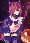 animal_costume animal_ears black_gloves black_legwear blush breasts cleavage cosplay dangerous_beast elbow_gloves fate/grand_order fate_(series) gae_bolg gloves hair_down highres holding holding_weapon jack-o'-lantern kesoshirou large_breasts long_hair looking_at_viewer mash_kyrielight mash_kyrielight_(cosplay) navel purple_hair red_eyes scathach_(fate)_(all) scathach_(fate/grand_order) smile solo tail weapon 