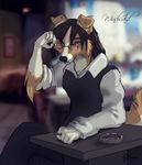  5_fingers anthro black_hair black_nose blurred_background canine clothed clothing dog female fur hair koul looking_at_viewer mammal sitting tan_fur white_fur 