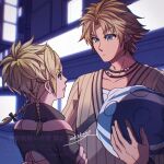  1boy 1girl akzk_kh artist_name ball black_bow black_jacket blitzball blonde_hair blue_eyes bow braid city colored_eyelashes commentary_request crossed_arms dissidia_duellum_final_fantasy dissidia_final_fantasy earrings final_fantasy final_fantasy_x furrowed_brow hair_bow highres holding holding_ball jacket jersey jewelry looking_at_another medium_hair neck_warmer necklace neon_lights off-shoulder_shirt off_shoulder official_alternate_costume outdoors parted_bangs parted_lips ponytail rikku_(ff10) rikku_(pop_star)_(ff10) shirt short_hair single_earring tidus tidus_(street_striker) twin_braids twitter_username upper_body 