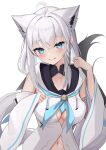  1girl absurdres ahoge animal_ear_fluff animal_ear_piercing animal_ears aqua_eyes aqua_neckerchief aqua_trim blush breasts closed_mouth collarbone commentary detached_sleeves fox_ears fox_girl front_slit hair_between_eyes highres hololive long_hair long_sleeves looking_at_viewer medium_breasts navel neckerchief shin_insh shirakami_fubuki shirakami_fubuki_(1st_costume) shirt simple_background smile solo stomach upper_body virtual_youtuber white_background white_hair white_shirt wide_sleeves 