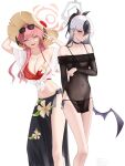  2girls aru_(blue_archive) aru_(tsutaya)_(blue_archive) bare_legs bikini black_bikini black_choker black_dress black_hair black_horns black_sarong black_wings blue_archive blush breasts choker cleavage closed_mouth collarbone commentary dress ear_ornament embarrassed eyewear_on_head feet_out_of_frame floral_print gradient_hair grey_halo hair_between_eyes hair_ornament hairclip halo hand_on_headwear hat highres horns kayoko_(blue_archive) kayoko_(tsutaya)_(blue_archive) large_breasts long_hair looking_at_viewer multicolored_hair multiple_girls muwon navel off-shoulder_shirt off_shoulder open_mouth ponytail red_bikini red_eyes red_hair red_halo sarong see-through_clothes see-through_shirt shade shirt simple_background single_wing small_breasts standing sun_hat sunglasses sweatdrop swimsuit two-tone_hair v white_background white_hair white_shirt wings 