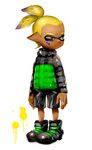  absurdres black_footwear black_shorts blonde_hair coat dark_skin dark_skinned_male domino_mask full_body green_coat grimace hair_slicked_back highres inkling long_sleeves looking_to_the_side male_focus mask paint_splatter pointy_ears puchiman scrunchie shoes shorts sketch solo splatoon_(series) splatoon_1 standing tentacle_hair topknot white_background yellow_eyes 