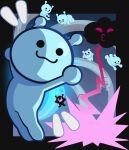  :3 absurdres black_border black_eyes border bullet closed_mouth commentary creature delatoid dodging electricity energy_beam english_commentary explosion full_body highres laser lightning looking_at_viewer no_humans notice_lines open_mouth outside_border pink_cloud_(rhythm_tengoku) pink_eyes rhythm_tengoku rhythm_tengoku_miracle_stars smile solid_circle_eyes warping_alien_(rhythm_tengoku) 