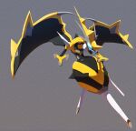  black_wings blue_eyes claws commentary ewokakukaede grey_background highres mandibles naganadel no_humans open_mouth pokemon pokemon_(creature) pokemon_focus spikes stinger untranslatable_commentary wings 