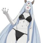  1girl bikini black_bikini blue_hair breasts byakugan colored_skin deviantart_logo deviantart_username facial_mark facing_viewer fingernails forehead_mark from_below grey_bikini grey_skin highres horns kiripetals lipstick long_hair looking_at_viewer makeup medium_breasts nail_polish naruto_(series) naruto_shippuuden navel no_pupils ootsutsuki_kaguya pale_skin red_lips short_eyebrows simple_background smile solo swimsuit thick_eyebrows third_eye very_long_hair watermark web_address white_background white_eyes white_hair 