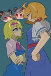  4girls absurdres ahoge alice_margatroid anger_vein animal_ears ascot blonde_hair blue_background blue_dress blue_eyes capelet cateran_summons closed_mouth commentary_request cookie_(touhou) cowboy_shot crossed_arms dress frilled_hairband frills frown grey_hair hairband highres ichigo_(cookie) kofji_(cookie) lightning_glare looking_at_another mouse_ears mouse_girl multiple_girls nazrin nyon_(cookie) pink_ascot red_eyes red_sash sash short_hair simple_background smile touhou web_(cookie) white_capelet 