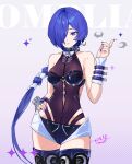  1girl bare_shoulders black_boots black_shorts blue_hair bodystocking boots breasts character_name collarbone commentary_request cowboy_shot crescent crescent_earrings earrings hair_over_one_eye hand_on_own_hip hand_up highres jewelry long_hair looking_at_viewer medium_breasts mole mole_on_stomach promeia_(zenless_zone_zero) purple_background purple_eyes purple_nails shorts solo sparkle thigh_boots uixy zenless_zone_zero 