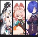  3girls animal_ear_fluff animal_ear_piercing animal_ears backless_dress backless_outfit bare_shoulders black_hair blue_hair bodystocking braid braided_twintails breasts character_name collarbone comiket_108 commentary_request crescent crescent_earrings detached_sleeves dialyn_(zenless_zone_zero) double_bun dress earrings furry furry_female green_shirt hair_bun hair_extensions hair_ornament hair_over_one_eye hairclip hand_on_own_hip hand_up jewelry leg_up long_hair looking_at_viewer medium_breasts multicolored_hair multiple_girls open_mouth panda_hair_ornament pink_fur pink_hair promeia_(zenless_zone_zero) purple_eyes purple_nails rabbit_ears rabbit_girl red_eyes ring_hair_extensions screw shirt simple_background sphere_hair_ornament split-color_hair standing standing_on_one_leg teeth thighhighs uixy white_background white_dress white_hair white_thighhighs yellow_eyes zenless_zone_zero zhao_(zenless_zone_zero) 