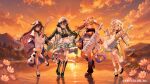  4girls ahoge animal_ears aria_(ariacue) bass_guitar black_boots black_hair blonde_hair blue_eyes bonnet boots bow braid bridge brown_shoes cat_ears cat_girl cat_tail cloud cloudy_sky colored_inner_hair commentary company_name copyright_notice cow_ears cow_girl cow_print_kimono crossed_bangs detached_sleeves drumsticks evening eyewear_on_head flower green_bow green_eyes green_hair guitar hair_bow hairband hat holding holding_bass_guitar holding_drumsticks holding_guitar holding_instrument instrument japanese_clothes kadou_mikaru kadou_mikaru_(1st_costume) keyboard_(instrument) kimono knee_boots lace-up_boots lake leg_warmers lizard_tail loafers long_hair long_sleeves mountain multicolored_hair multiple_girls nekoyashiki_miku nekoyashiki_miku_(1st_costume) nijisanji obi off_shoulder official_art okobo orange_hair orange_kimono orange_sky orange_tail platform_sandals purple_eyes purple_hair purple_kimono purple_tail reptile_girl sample_watermark sandals sash shoes sky small_horns snail_girl socks standing standing_on_liquid star-shaped_eyewear star_(symbol) sunset tabi tail togawa_nonoha togawa_nonoha_(1st_costume) tree twin_braids twintails two-tone_tail underbust virtual_youtuber watermark white_bonnet white_flower white_hat white_socks yagyu_shino yagyu_shino_(1st_costume) yoiyume_(nijisanji) 