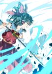 1girl ascot aura bow brown_eyes brown_hair commentary_request detached_sleeves frilled_bow frilled_hair_tubes frilled_skirt frills gohei hair_bow hair_tubes hakurei_reimu highres holding holding_gohei inuno_rakugaki long_hair midriff_peek navel open_mouth powering_up red_bow red_skirt ribbon-trimmed_sleeves ribbon_trim skirt skirt_set solo teeth touhou yellow_ascot 